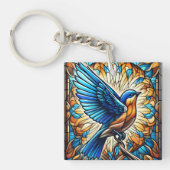 Een serene blauwvogel: Glas in lood kunstwerk Sleutelhanger (Voorkant)