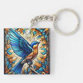 Een serene blauwvogel: Glas in lood kunstwerk Sleutelhanger (Achterkant)