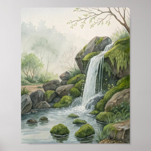 Een serene boswatervalstudie in waterverf poster (Voorkant)
