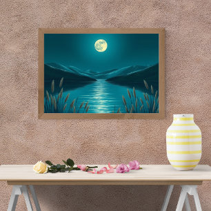 Een Serene Maanverlicht Meer Tussen Fluisterende R Poster