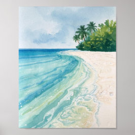 Een serene tropische strand in waterverf poster