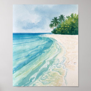 Een serene tropische strand in waterverf poster