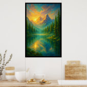 Een serene zonsopgang boven een spiegelmeer poster (Keuken)