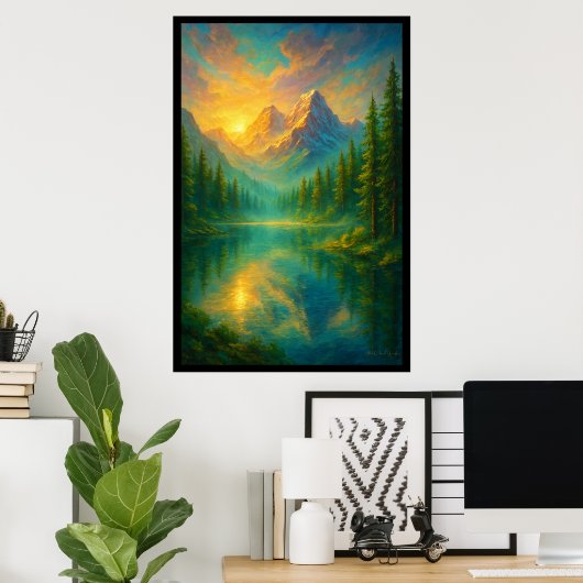 Een serene zonsopgang boven een spiegelmeer poster (Thuiskantoor)