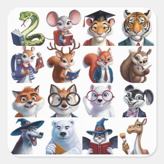 Een set van 12 Back to School Leuk Dier Vierkante Sticker (Voorkant)