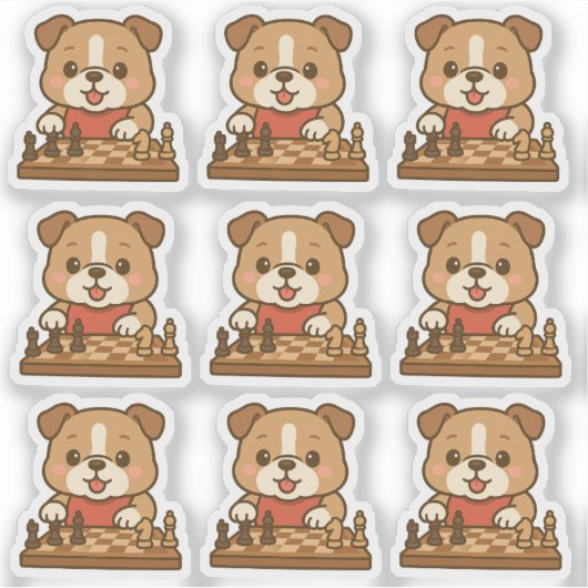 Een set van 6 Kawaii Cartoon Bulldog spelen schake Sticker (Voorkant)