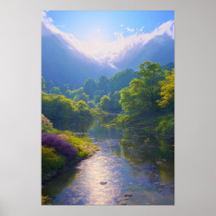 Een Shallow rivier in het hart van een groen bos Poster