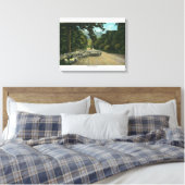 Een Shepherd Leading Sheep op een Maine Highway Canvas Afdruk (Insitu (Slaapkamer))