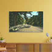 Een Shepherd Leading Sheep op een Maine Highway Canvas Afdruk (Insitu (Woonkamer))