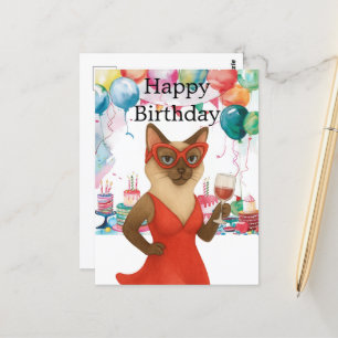 Een Siamese kat drink wijn Happy Birthday Briefkaart