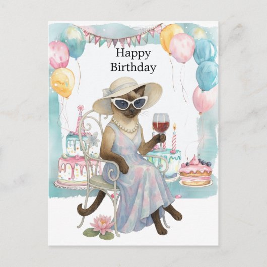 Een Siamese kat drinkt wijn Gefeliciteerd  Briefkaart (Voorkant)