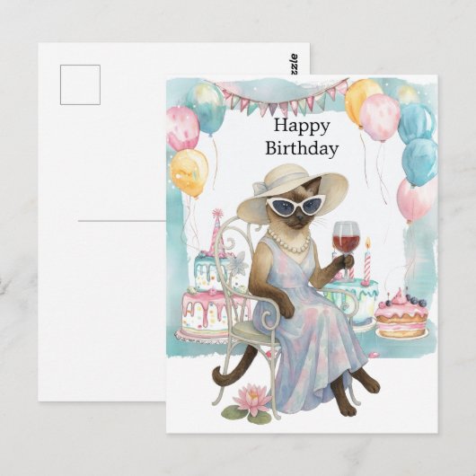 Een Siamese kat drinkt wijn Gefeliciteerd met je v Briefkaart (Voorkant / Achterkant)