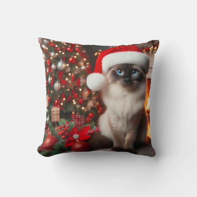 Een Siamese kat met een Kerstman hoed  Kussen (Voorkant)