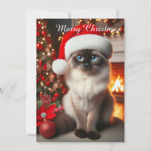 Een Siamese kat met een kerstmuts Feestdagenkaart