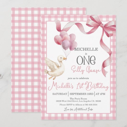 Een Silly Goose 1e verjaardagsuitnodiging - Roze Kaart (Voorkant / Achterkant)