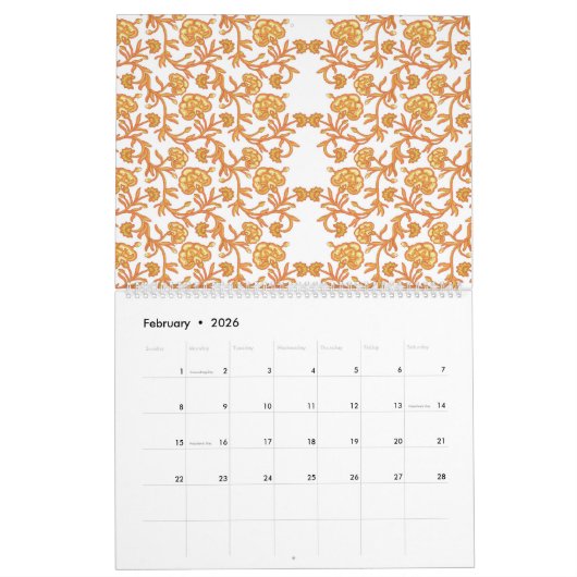 Een sinaasappel en wit behang met een bloemmotief kalender (Feb 2026)