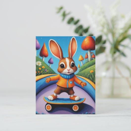 Een skateboarden konijn briefkaart (Staand voorkant)