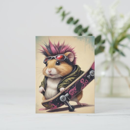 Een skateboarden Punk Hamster Retro Briefkaart (Staand voorkant)