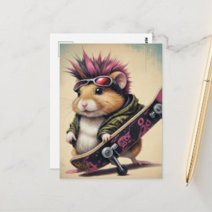 Een skateboarden Punk Hamster Retro Briefkaart