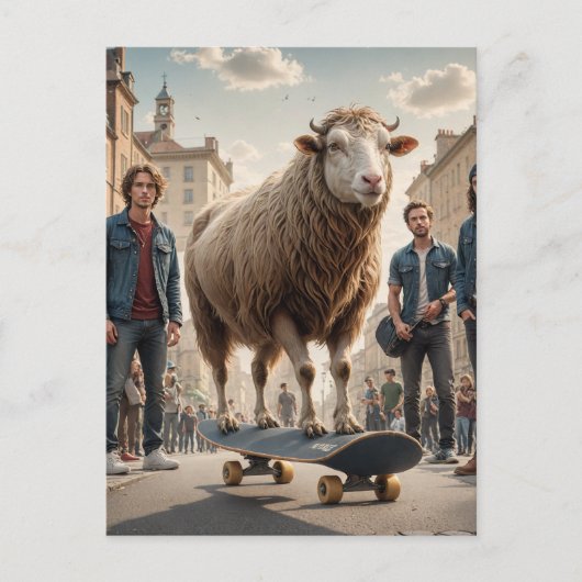 Een skateboardende schaap koe hybride briefkaart (Voorkant)