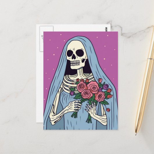 Een skeletbruid met bloemen briefkaart (Voorkant / Achterkant in situ)