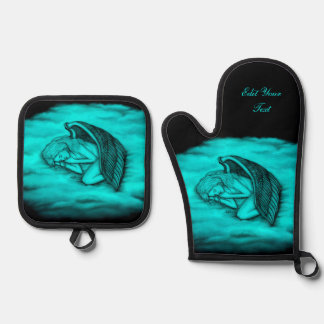 Een slaapengel op hemelwolken ovenwant & pannenlap set