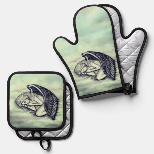 Een slaapengel op hemelwolken ovenwant & pannenlap set (Voorkant / Achterkant)