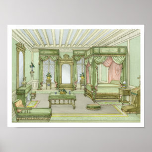 Een slaapkamer in Henri II-stijl (kleurenlitho) Poster