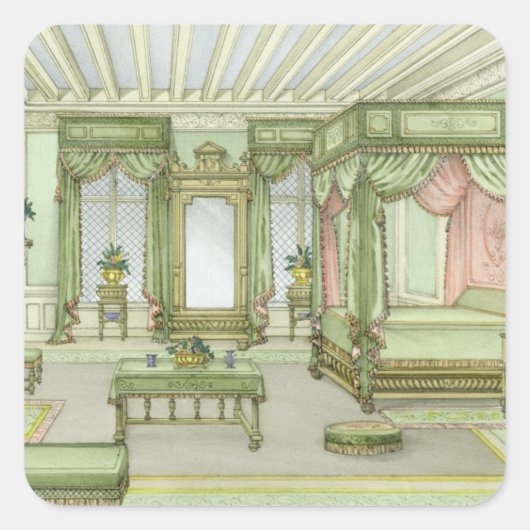 Een slaapkamer in Henri II-stijl (kleurenlitho) Vierkante Sticker (Voorkant)