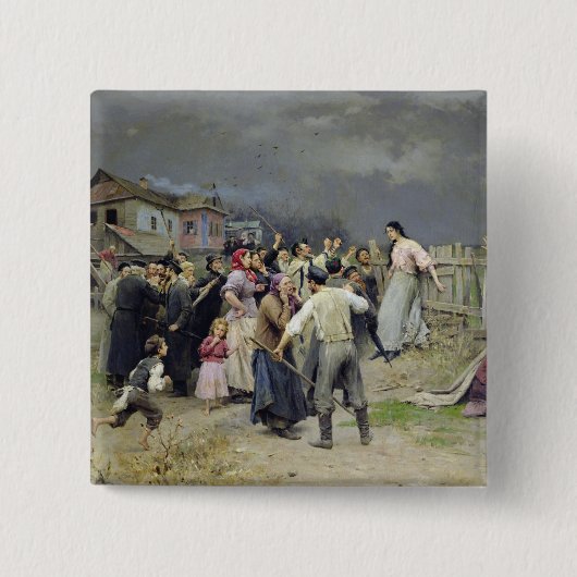 Een slachtoffer van fanatisme, 1899 vierkante button 5,1 cm (Voorkant)