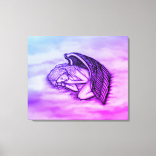 Een slapende engel op de hemel, wolken in roze canvas afdruk