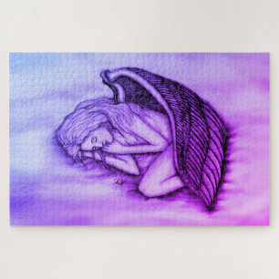 Een slapende engel op de hemel, wolken in roze legpuzzel