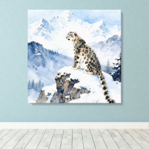 Een sneeuwluipaard op besneeuwde top canvas afdruk