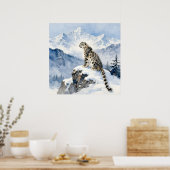 Een sneeuwluipaard op besneeuwde top poster (Keuken)