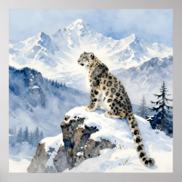Een sneeuwluipaard op besneeuwde top poster