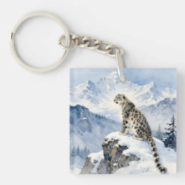 Een sneeuwluipaard op besneeuwde top sleutelhanger