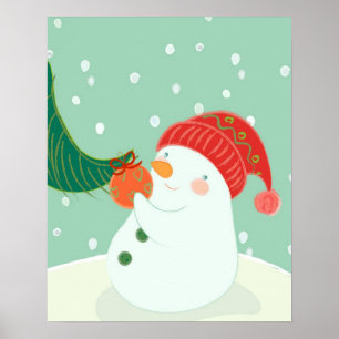 Een sneeuwman die een ornament aan een boom hangt poster