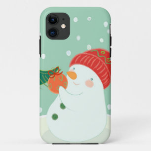 Een sneeuwman die een versiering aan een boom hang Case-Mate iPhone case