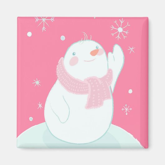 Een sneeuwman die naar een vallende sneeuwvlok rei magneet (Voorkant)