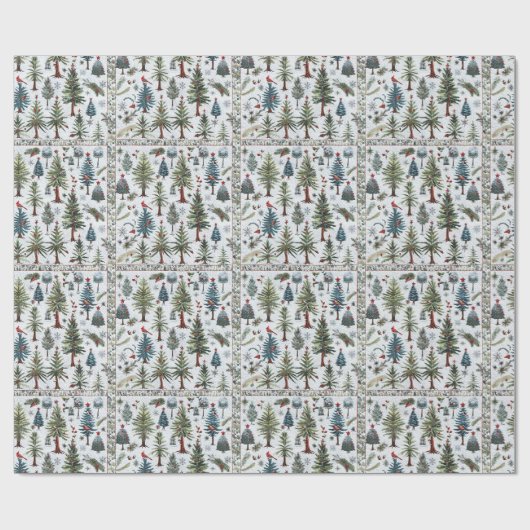 Een sneeuwman en kerstbomen in een gewatteerd patr cadeaupapier (Vlak)