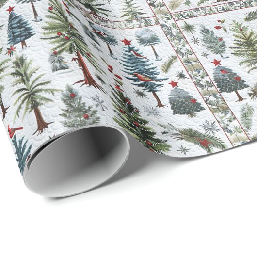 Een sneeuwman en kerstbomen in een gewatteerd patr cadeaupapier (Rol Hoek)