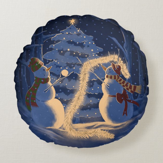 Een Sneeuwman Kerstmis Rond Kussen (Voorkant)