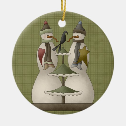 Een sneeuwpaar keramische kerstversiering keramisch ornament (Voorkant)