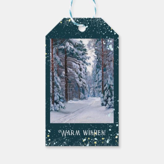 Een sneeuwpad in het bos cadeaulabel (Voorkant)