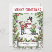 Een Sneeuwpop Bouwen | Retro Persoonlijke Kerstmis Feestdagenkaart (Voorkant)