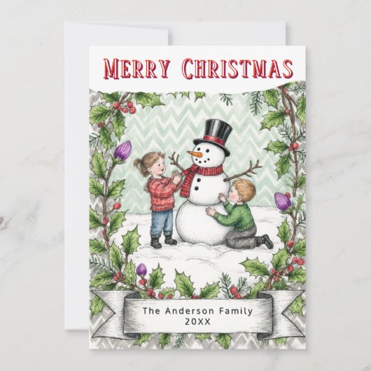 Een Sneeuwpop Bouwen | Retro Persoonlijke Kerstmis Feestdagenkaart (Voorkant)