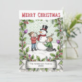 Een Sneeuwpop Bouwen | Retro Persoonlijke Kerstmis Feestdagenkaart (Staand voorkant)