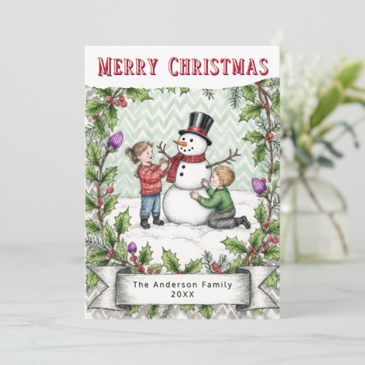 Een Sneeuwpop Bouwen | Retro Persoonlijke Kerstmis Feestdagenkaart (Staand voorkant)