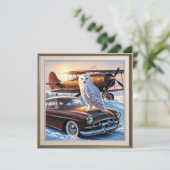 Een sneeuwuil, een vliegtuig en een oldtimer bedankkaart (Staand voorkant)