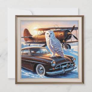 Een sneeuwuil, een vliegtuig en een oldtimer bedankkaart
